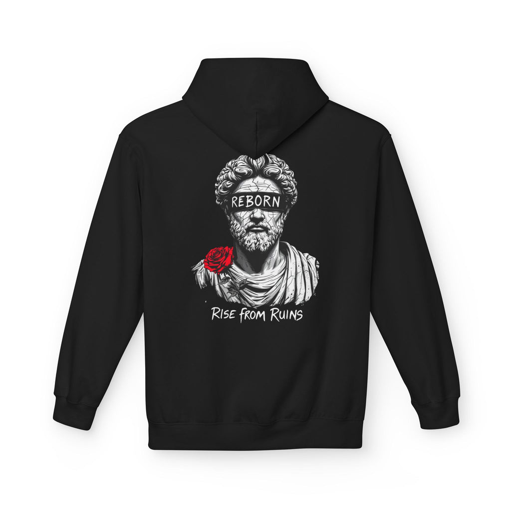 Rise From Ruins Hoodie — Reborn Statue Graphic Pullover with Red Rose