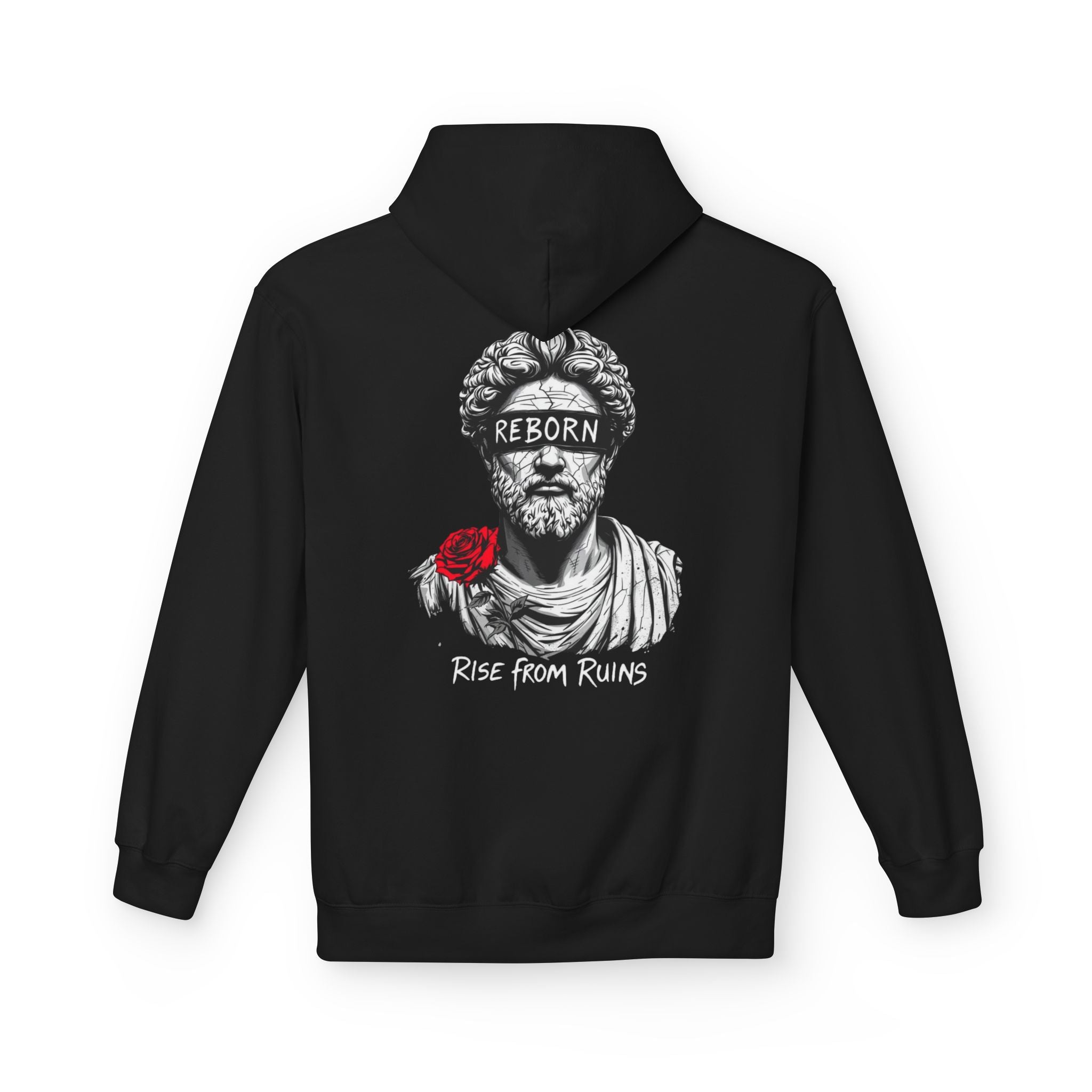 Rise From Ruins Hoodie — Reborn Statue Graphic Pullover with Red Rose
