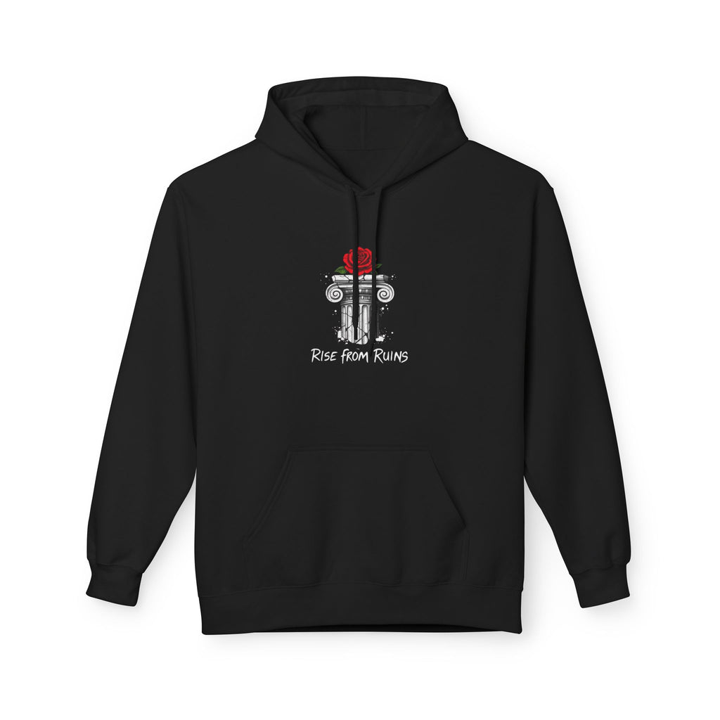 Rise From Ruins Hoodie — Reborn Statue Graphic Pullover with Red Rose
