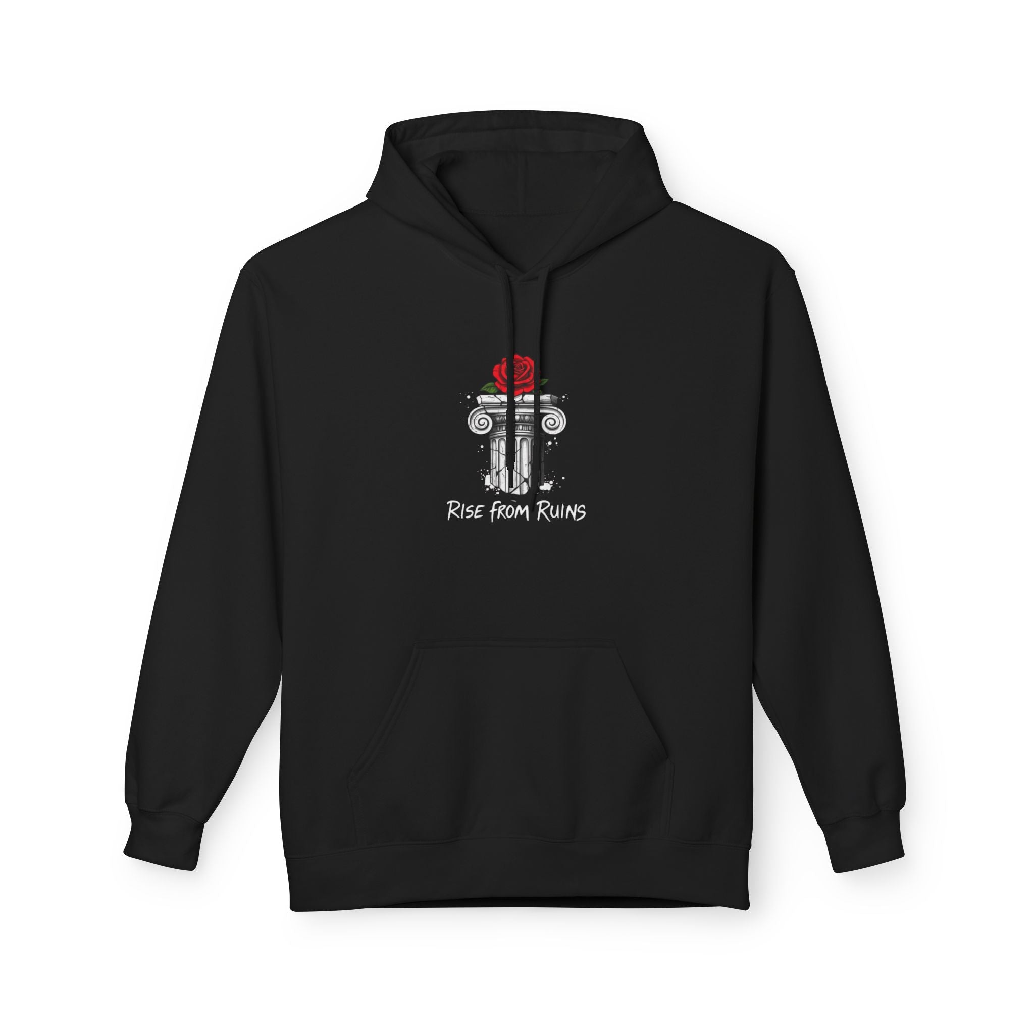 Rise From Ruins Hoodie — Reborn Statue Graphic Pullover with Red Rose
